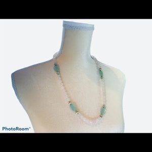Pink & Green Carved Jade Leaves Necklace. 26”